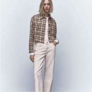 NWOT Women’s ZARA Black/Tan Tweed Cropped Pocket Jacket (Small)